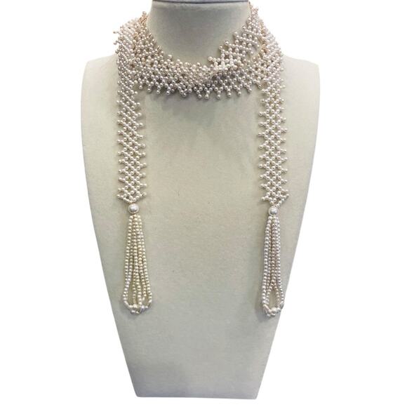 White Faux Pearl Lariat Necklace with Tassels - Picture 6 of 8